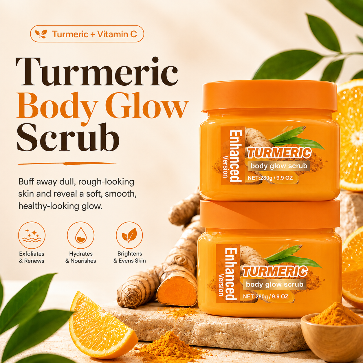 Savorselects Turmeric Body Glow Scrub with turmeric and citrus ingredients
