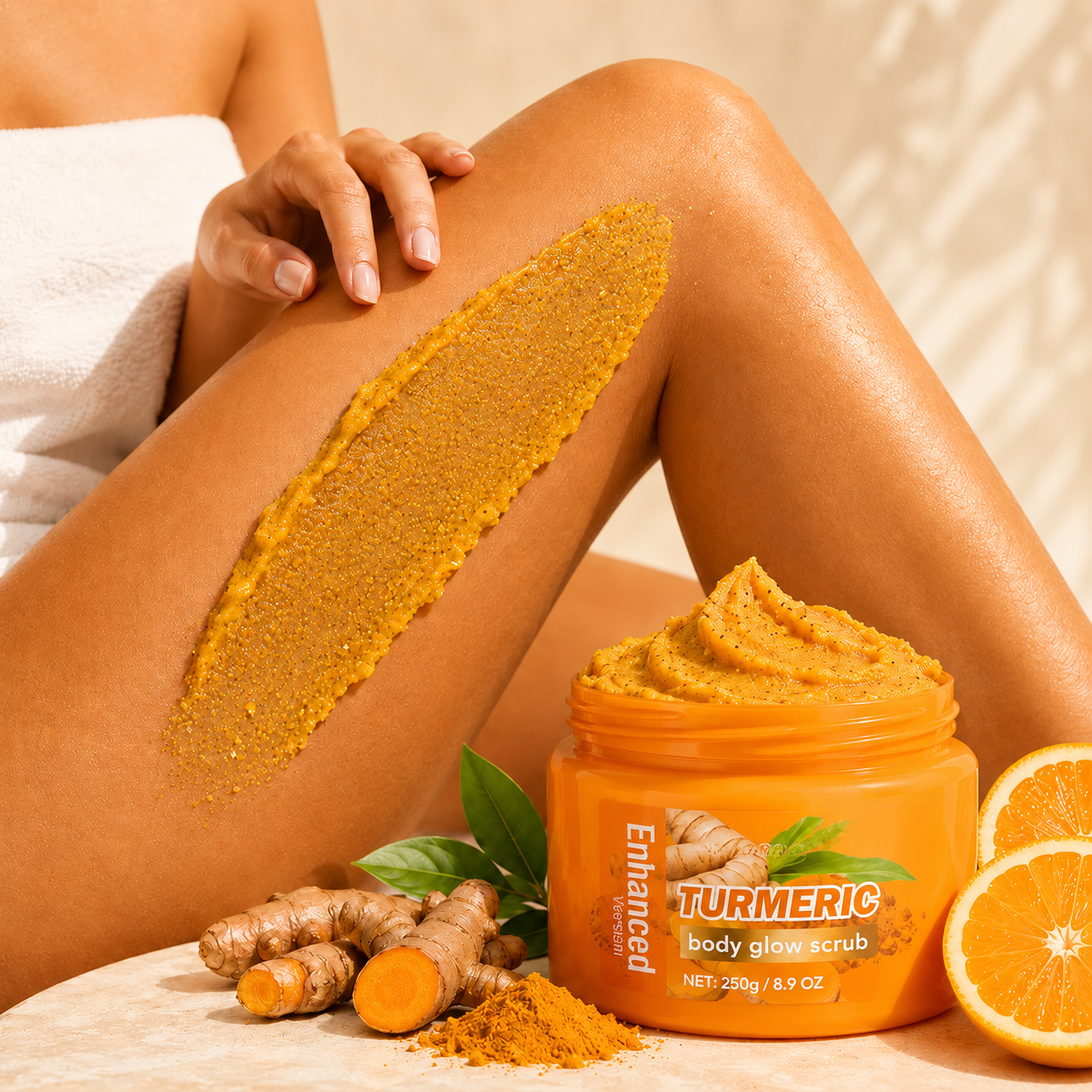 Turmeric body glow scrub applied to the leg beside turmeric roots and orange slices