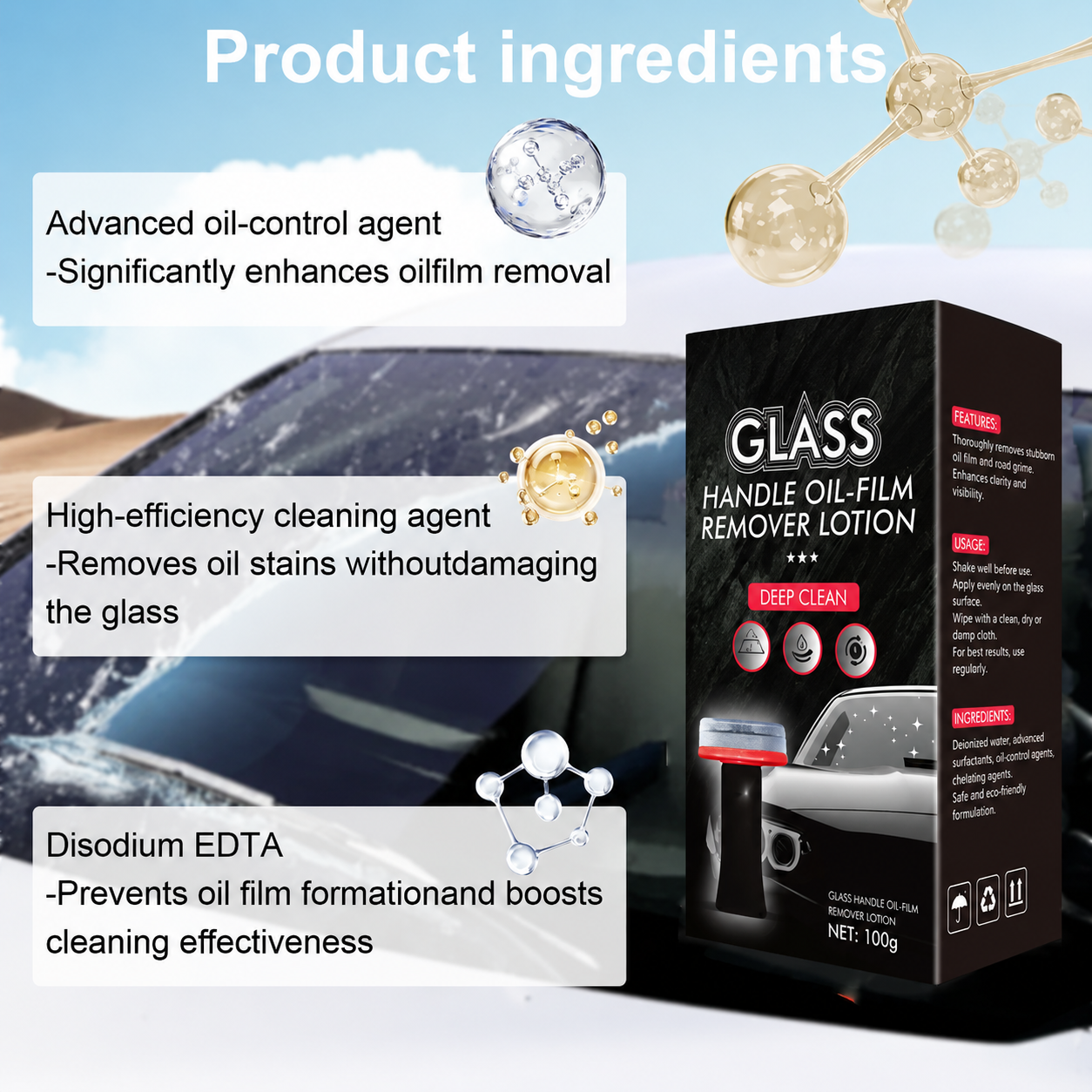 Automotive Oil Film Remover – Streak-Free Glass Cleaner for Fast Window Decontamination