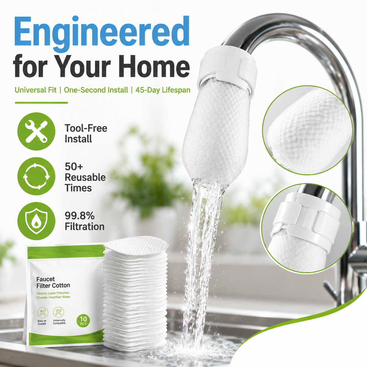 ⏰60%OFF⚡50K+ SOLD!💥Anti-Splash Kitchen Faucet Cotton Filter for Sediment & Rust Removal