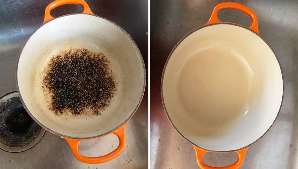 Enamel pot before and after cleaning