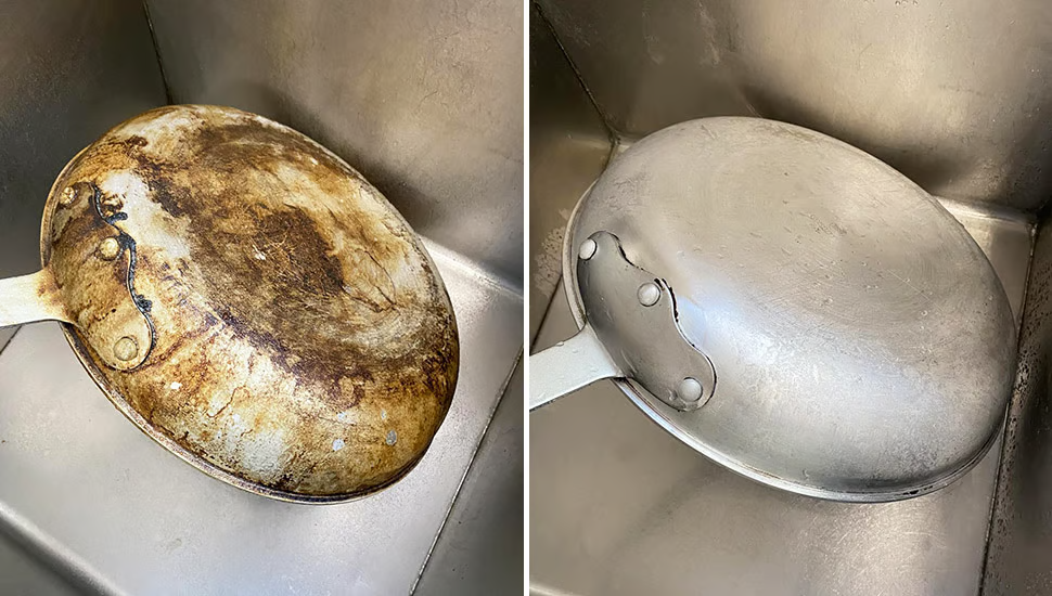 Steel pan underside before and after cleaning