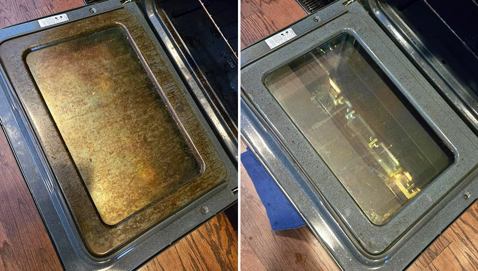 Oven door glass before and after cleaning