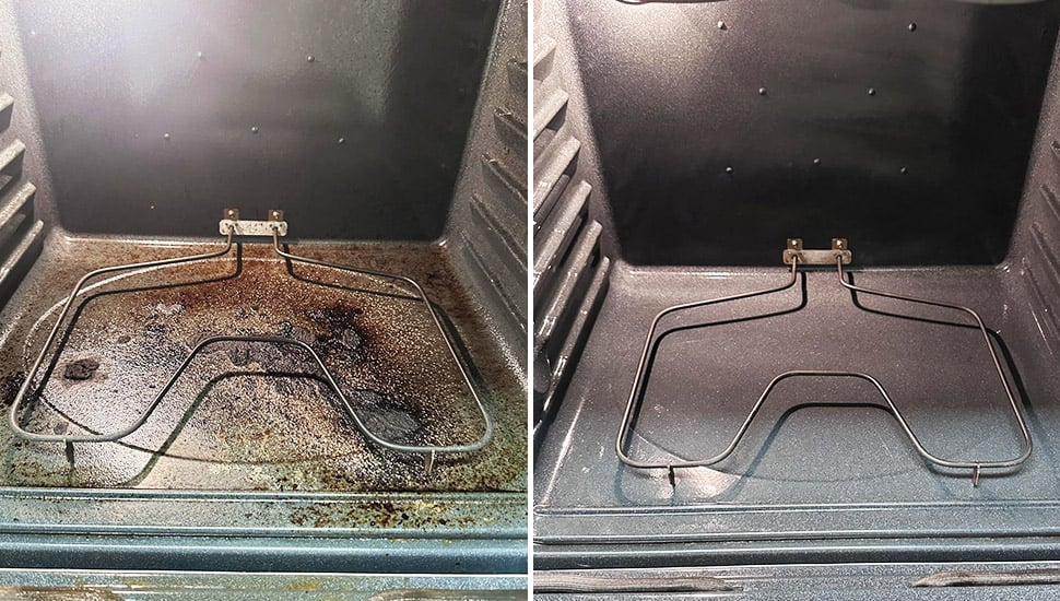 Oven floor before and after cleaning