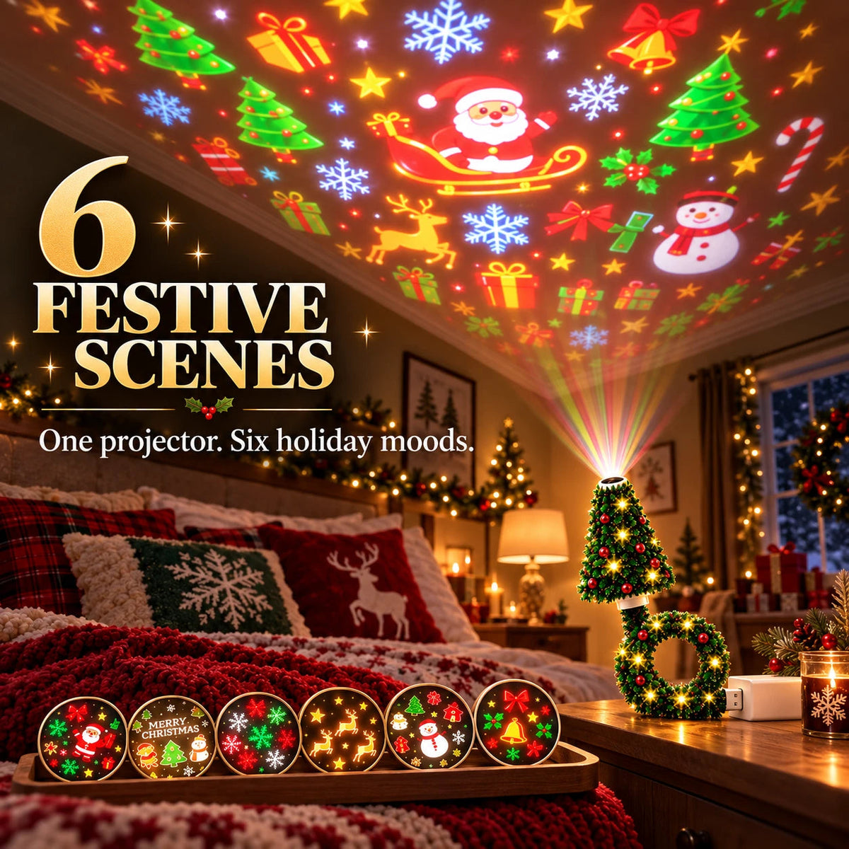 USB Christmas Projection Lamp with 6 Festive Scenes2